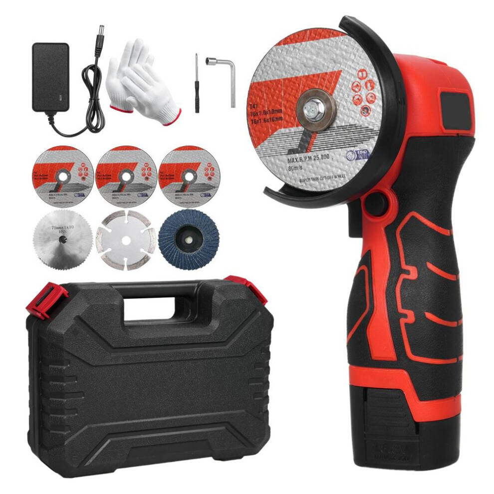 (red, EU Plug & 6 Blades) Cordless Angle Grinder 7000rpm Electric Grinding Tool Mini Grinder With 1pcs 16.8v 2000mah Battery