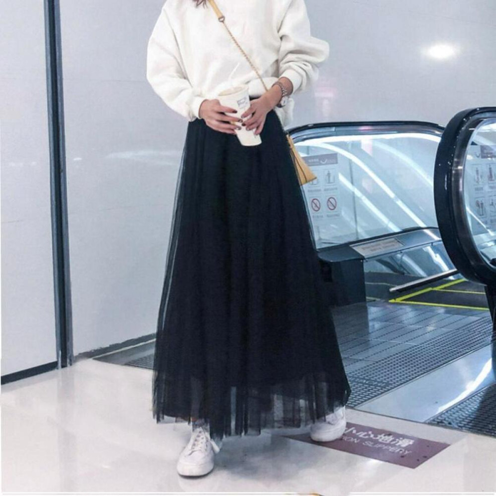 (black, 68cm) Women&apos;s Tulle Mesh Skirt Elastic High Waist All-match Fashion A-line Tutu Skirt Pleated Midi Skirt