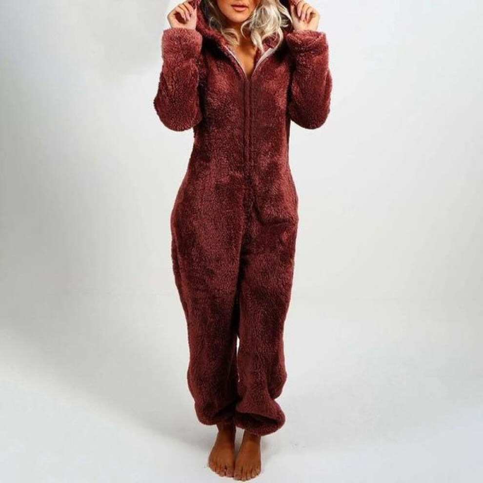 (wine red, 4XL) Fall/winter Women&apos;s Pure Color Plus Velvet Thick Warm Furry Jumpsuit Hooded Pajamas