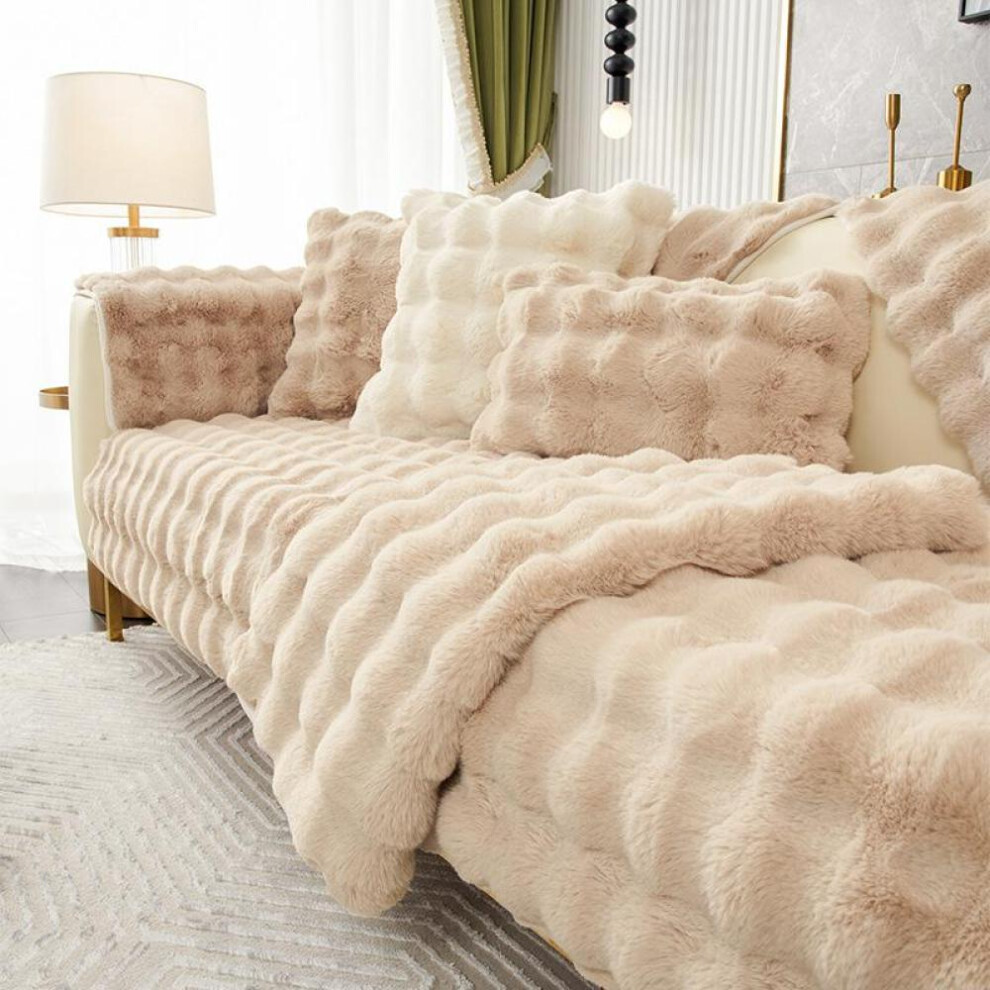 (light khaki, 90*120) Rabbit Plush Sofa Cushion Winter Thick Plush Cushion Non-slip Leather Sofa Cover Cover Cloth Towel