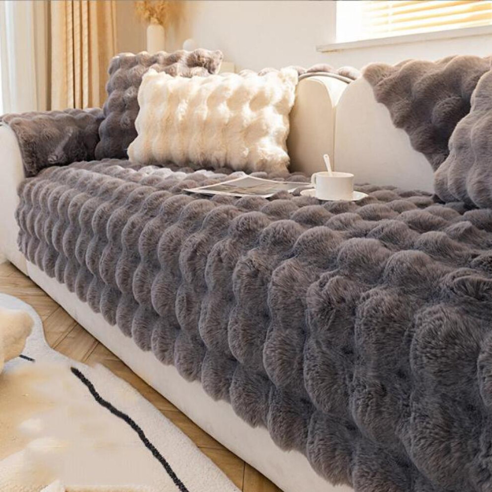 (dark grey, 70*150) Rabbit Plush Sofa Cushion Winter Thick Plush Cushion Non-slip Leather Sofa Cover Cover Cloth Towel