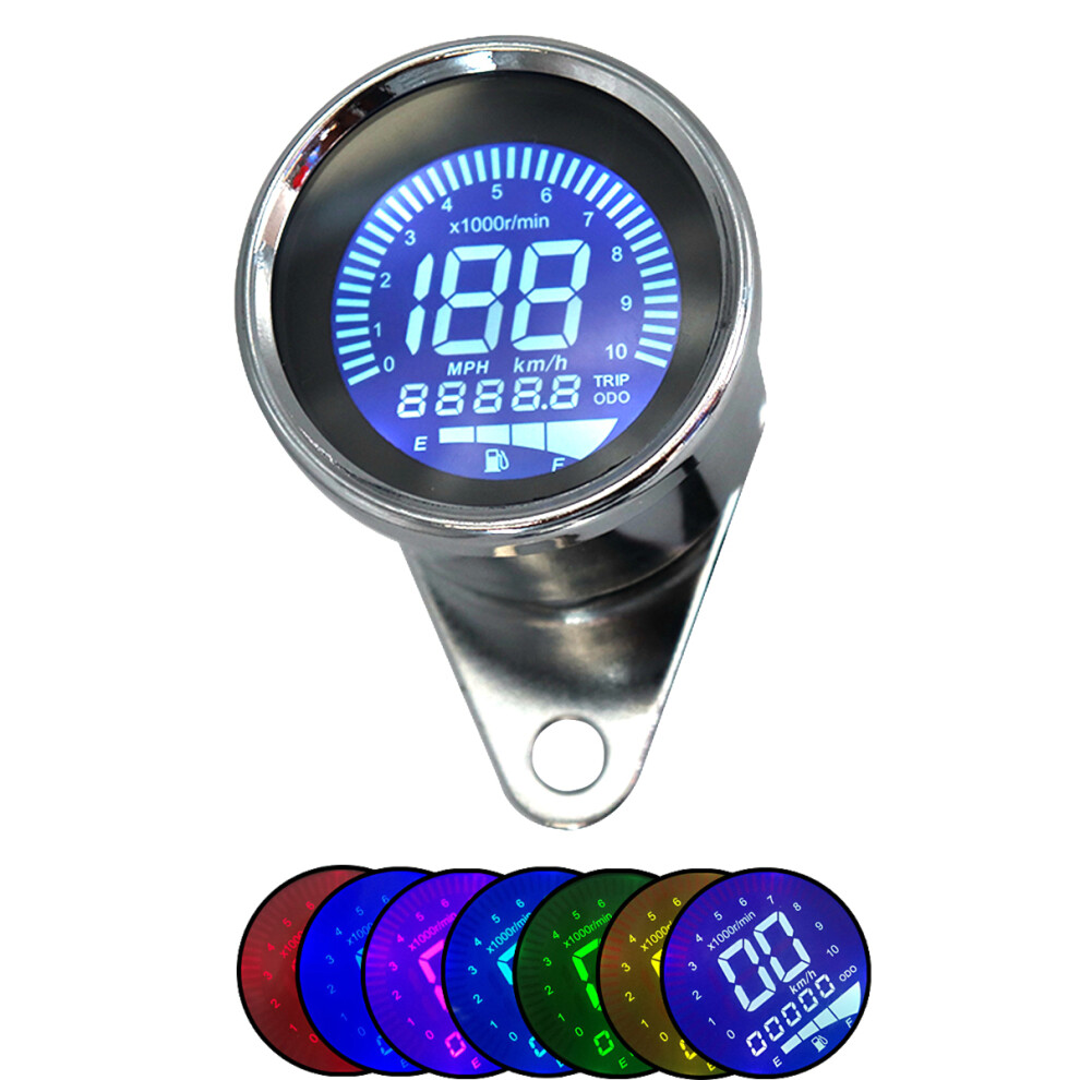 New 4 In 1 Motorcycle Digital Odometer Speedometer Tachometer Rpm Fuel Level Gauge Mph Km/H 7 Colors Universal 762179074991