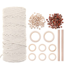 Cordino di cotone naturale da 3 mm con 8 anelli di wood e 2 bastoncini di wood per lavori manuali fai-da-te.