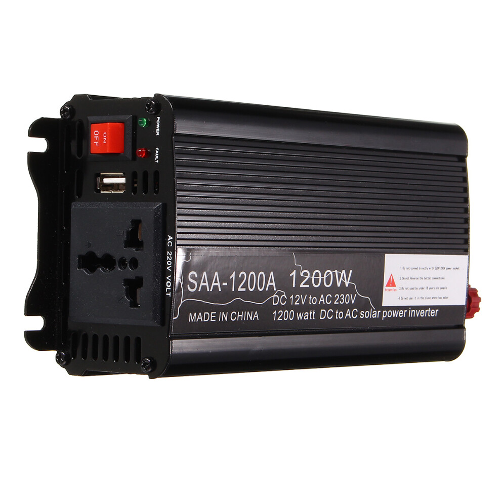 Solar Power Inverter 1200W Peak 12V Dc To 220V Ac Modified Sine Wave Converter Black/Silver 300742222587