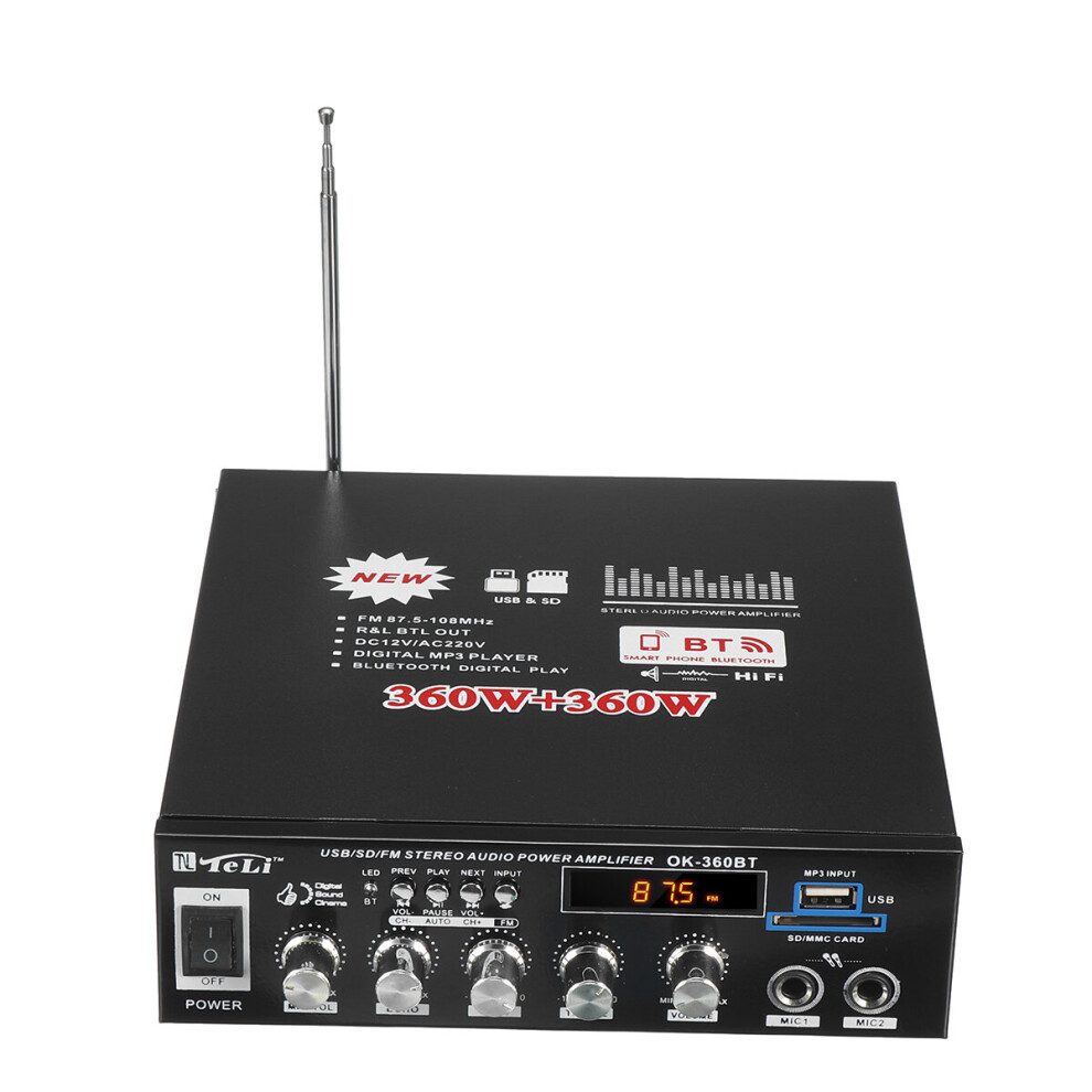 360W+360W Bluetooth Power Amplifier Mp3 Player Fm Stereo Radio U Disk Sd Card Hifi Digital Amplifier 6904963039180
