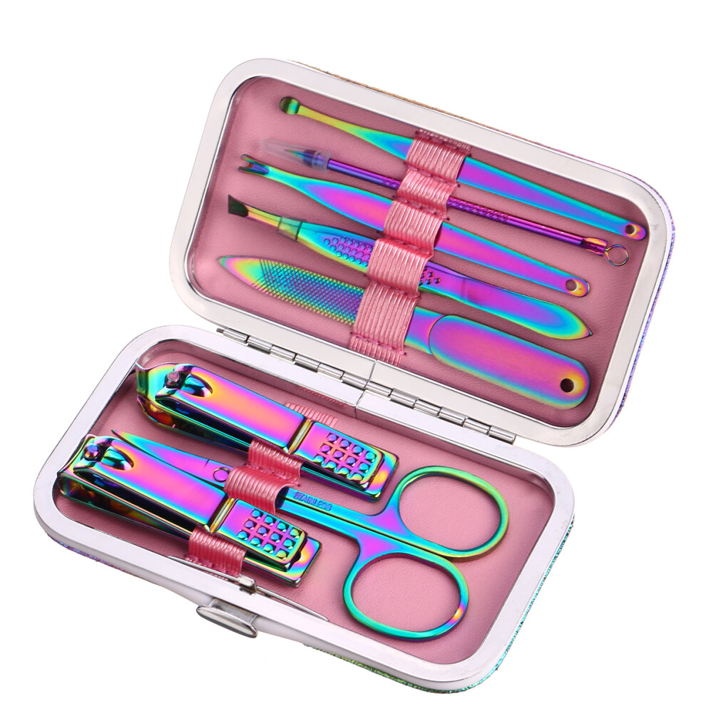8PCS Stainless Nail Clipper Set Portable Colorful Manicure Pedicure Tools Set
