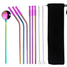 Punte in silicone riutilizzabili copertura per cannuccia dritta in steel inossidabile cannuccia curva cucchiaio con spazzole per la pulizia