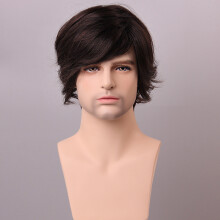 Fluffy Medium Brown Mannen Menselijk Haar Pruik Mannelijke Mono Top Virgin Remy Capless Zij Bang