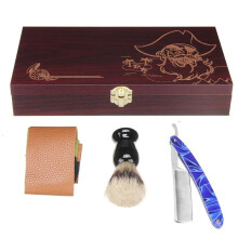 Set di kit da barba con rasoio dritto pennello da barba cinturino scatola di wood