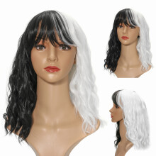 14'' Vrouwen Cosplay Zwart Witte Synthetische Krullende Haarperuk Schouderlengte
