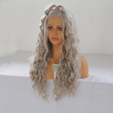 24'' Dames Natuurlijke Golvende Lace Front Pruik Meisjes Gouden Blonde Krullend Synthetisch Haar