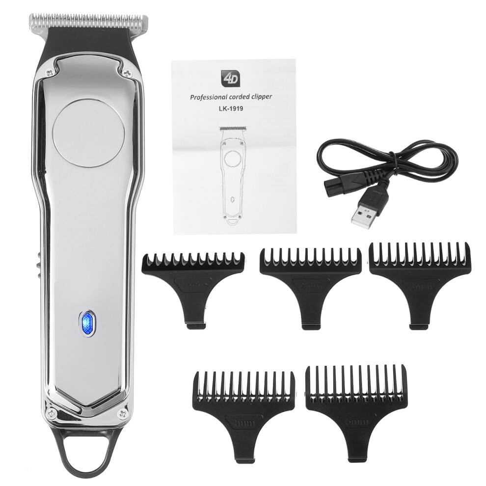Silver Men's Electric Hair Clipper Usb Charging Quiet Hair Shaver W/ 5 Limit Comb