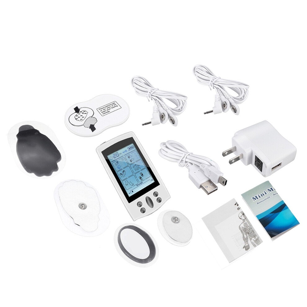 Silver Lcd Electric Massager 16 Modes Rechargeable Muscle Pulse Stimulator Pain Relief Therapy Device