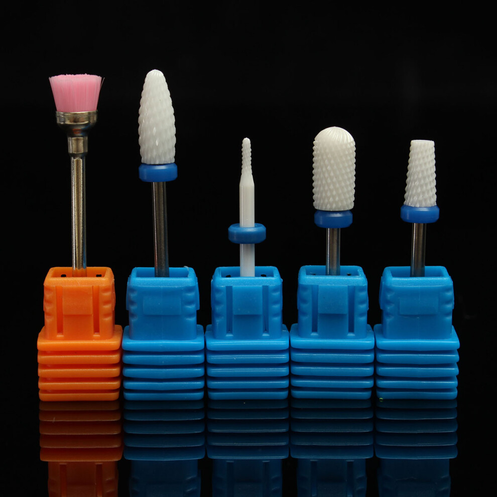 White 5Pcs Ceramic Nail Drill Bit Set Smooth Tapered Brush Rotary File Cuticle Manicure Pedicure Salon Kit