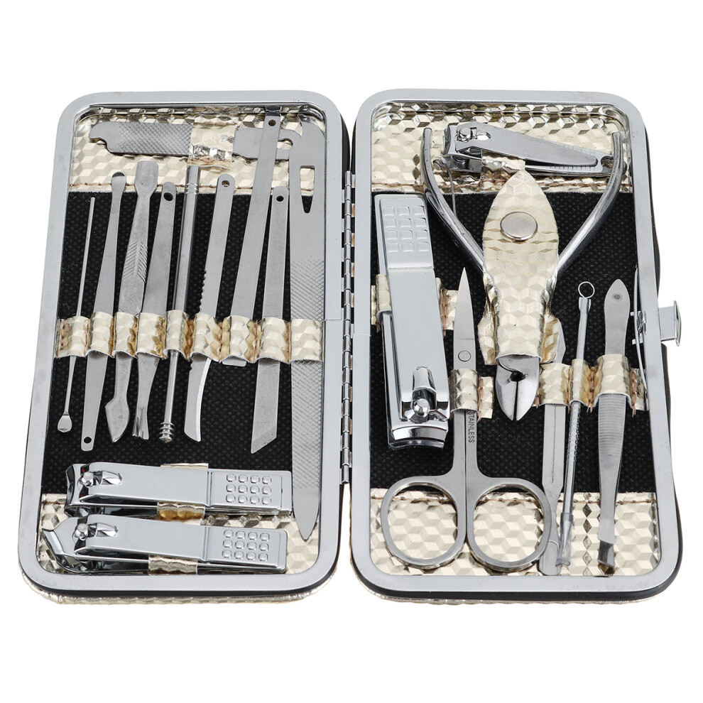 Silver 19Pcs Stainless Steel Nail Clippers Pedicure Manicure Set Cleaner Cuticle Grooming Kit