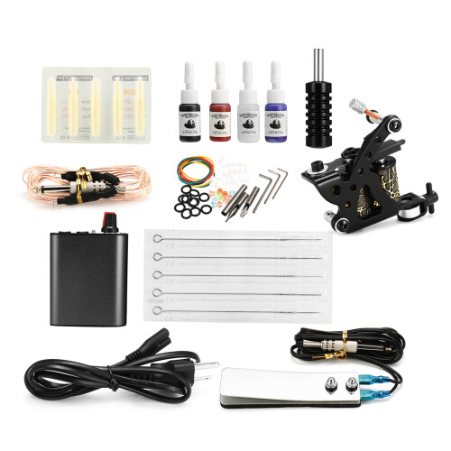 Complete Tattoo Kit Tattoo Machine Set Inkt Naalden Voeding Grip Tips 1