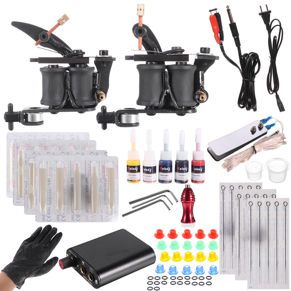 Professional Complete Tattoo Kit Tattoo Machine Grip Set 5 Ink Needles Tips Power Supply