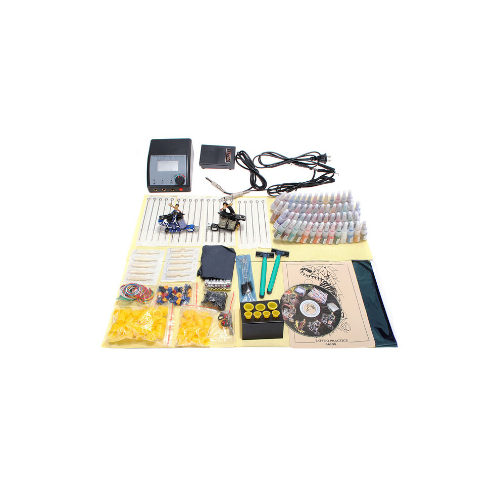 Professional Tattoo Kit 2 Machines Gun 54 Color Inks 20 Needles