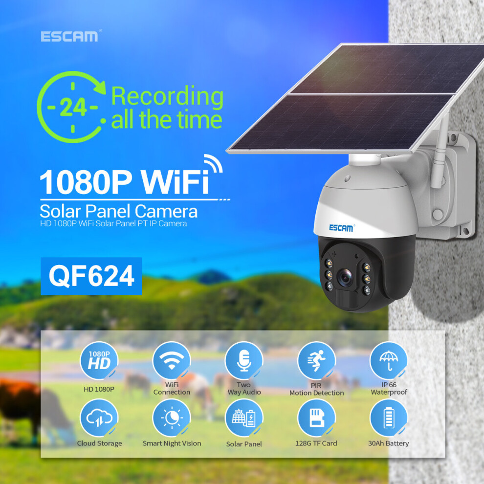 Escam Qf624 Hd 1080P Wifi Solar Panel Pt Ip Camera Cloud Storage Battery Solar Powered Pan/Tilt Monitoring Waterproof Ip66 6909061111400