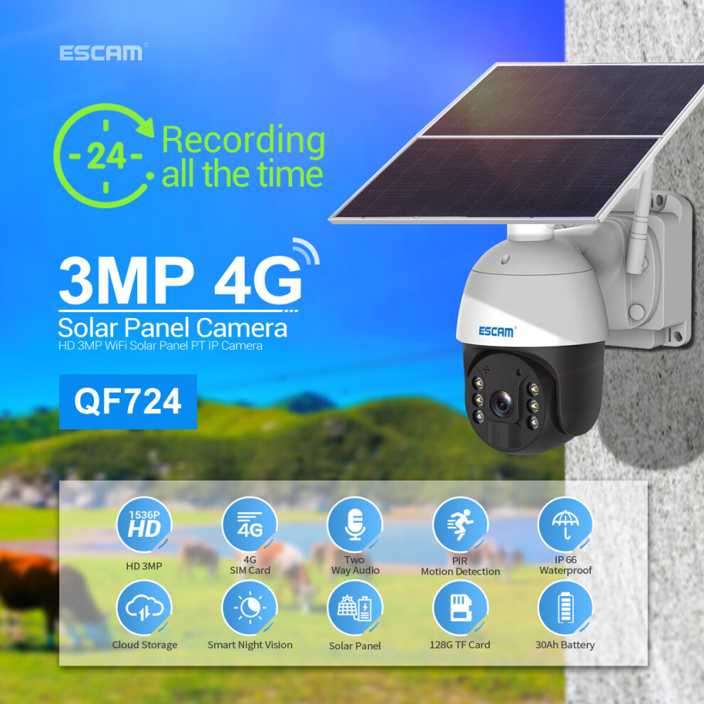 Escam Qf724 3Mp 24 Hours Recording Cloud Storage Pt 4G Battery Pir Alarm Ip Camera With Solar Panel Full Color Night Vision Ip66 6900991888707