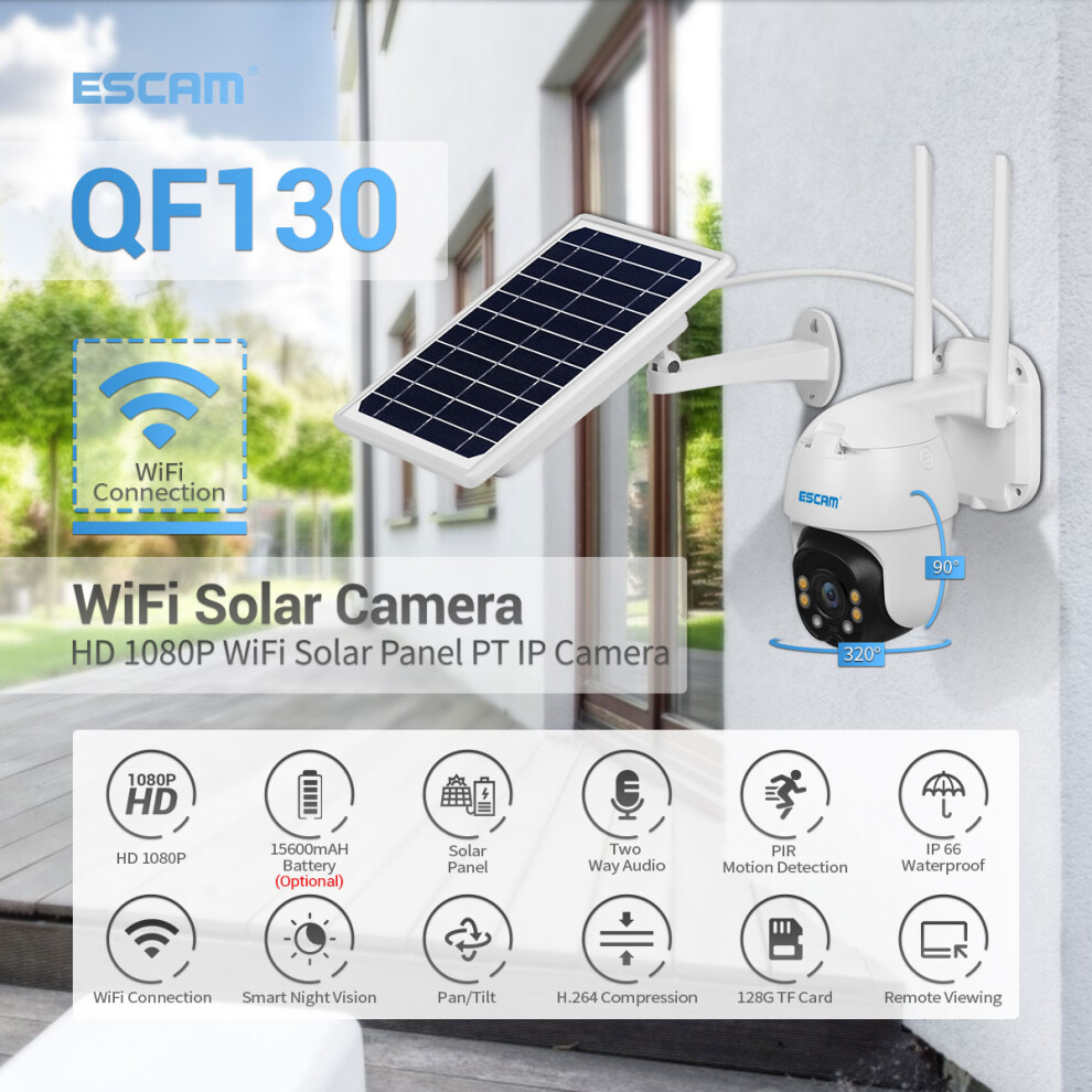 Escam Qf130 1080P Pt Wifi Battery Pir Alarm Ip Camera With Solar Panel Full Color Night Vision Two Way Audio Ip66 6901249126206