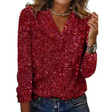(red, L) Women Top Shiny Sequin V Neck Long Sleeve Loose Soft Pullover Pure Color Breathable Daily Commute Club Party Lady Blouse Shirt