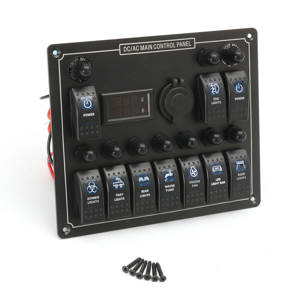 12-24V 10 Gang Boat Marine Blue Led Rocker Switch Panel Circuit Breaker Voltmeter 6901250239285