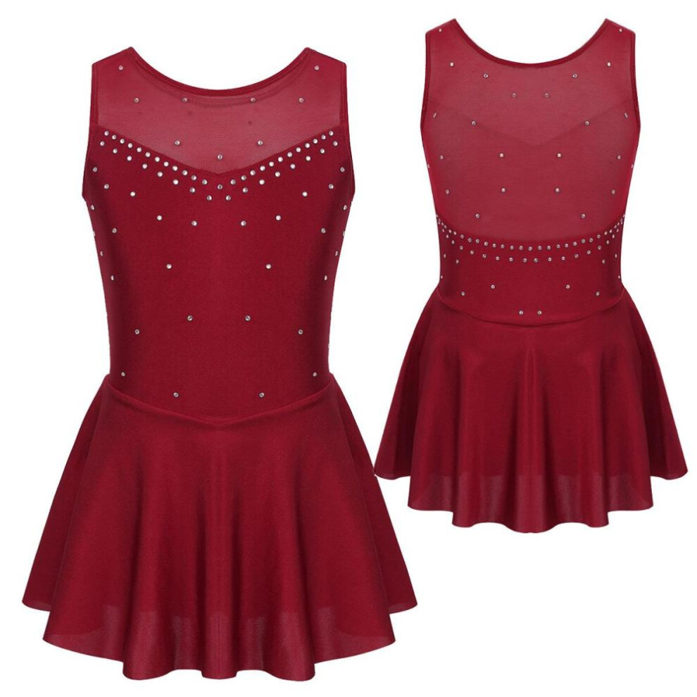 (burgundy, 13-14 Years) Gymnastics Leotard Dress Kids Girls Sleeveless Mesh Splice Figure Ice Skating Dress Dance Performance Costume Ballet Dancewear