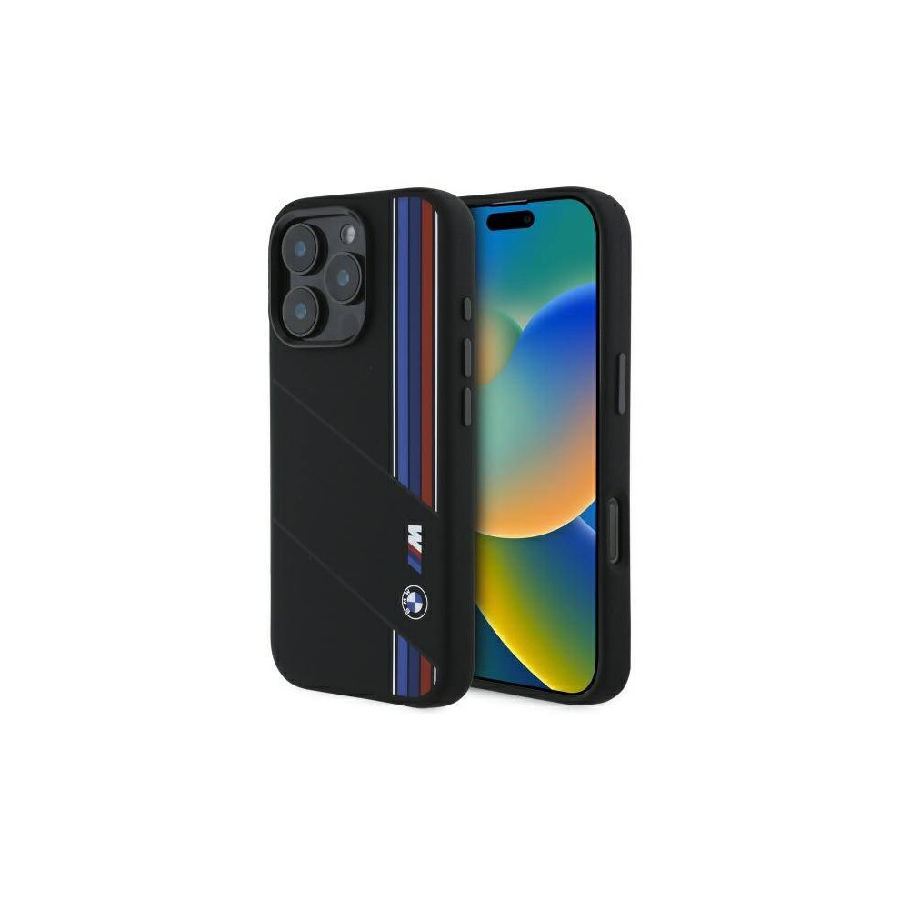 BMW M Series Silicone Cut Tricolor Lines Case MagSafe for iPhone 16 Pro 6.3" Black - BMHMP16L23SCUK