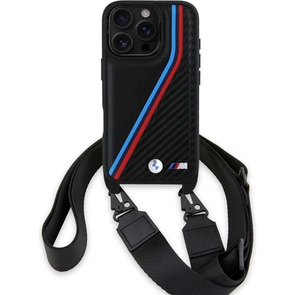 BMW M Series Carbon Tricolor Lines & Strap Case for iPhone 16 Pro 6.3" Black - BMHCP16L23PSVTK