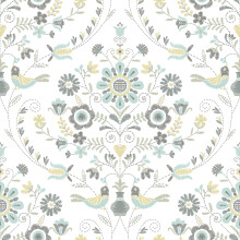 (Ochre/Turquoise) Britt Woodland Damask Vinyl Wallpaper Fine Decor