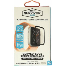 Griffin Survivor Curved-Edge Tempered Glass Protector for Apple Watch Series 1-3 38/42mm, 0.5mm, 9H Scratch-Resistant, Bubble-Free, Clear/Black Trim