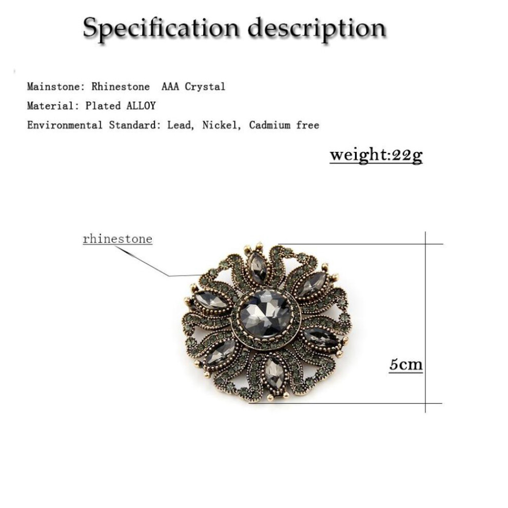 (gray) Vintage Gold Color Gray Crystal Round Bohemia Brooch For Women Jewelry Retro