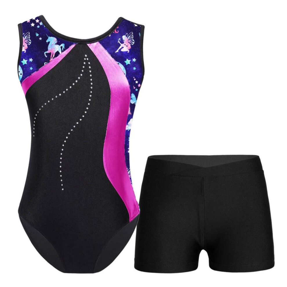 (navy blue,hot pink, 13-14 Years) Kids Girls Sleeveless Gymnastics Leotard With Shorts Ballet Unitard Dance Outfits Athletic Practice Costume