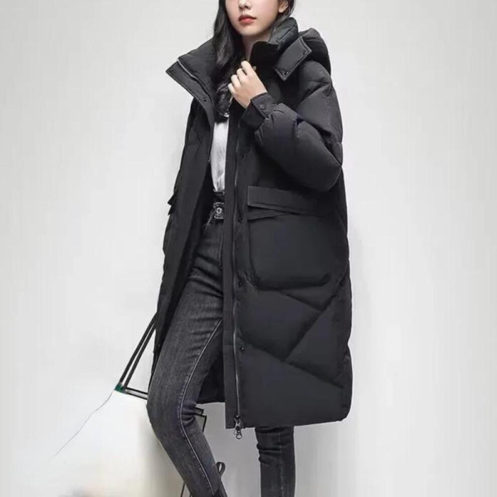(black, S) New Winter Women Parka Hooded Jackets Thicken Warm Cotton-padded Puffer Coats Casual Long Parkas Clothes Loose Outerwear