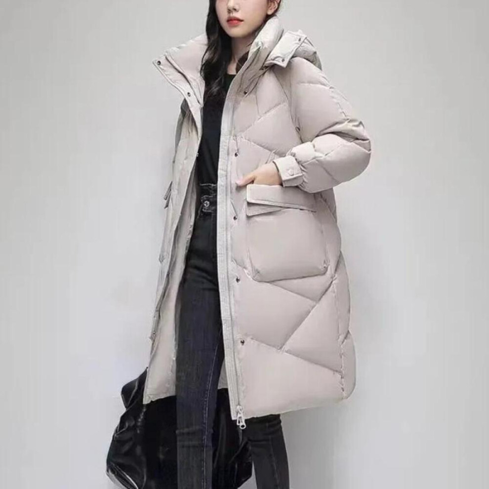 (beige, XXL) New Winter Women Parka Hooded Jackets Thicken Warm Cotton-padded Puffer Coats Casual Long Parkas Clothes Loose Outerwear