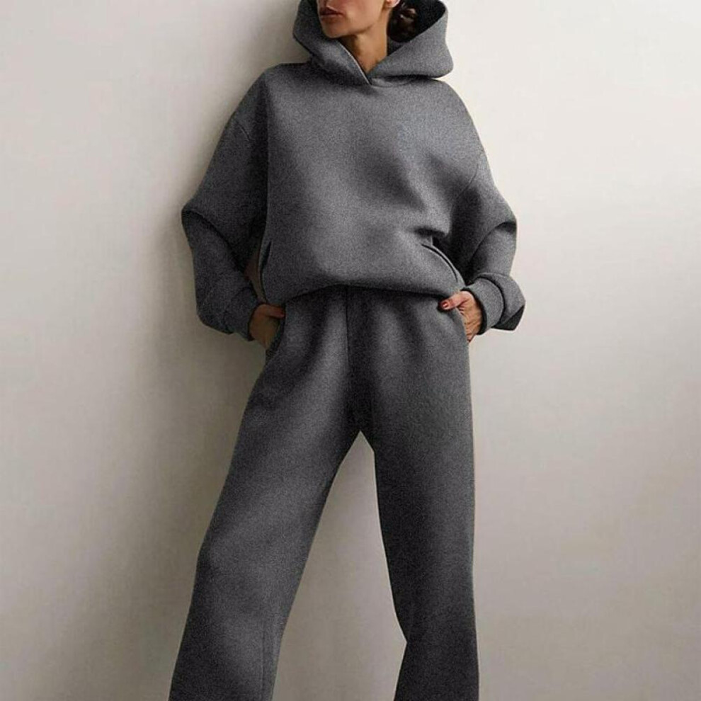 (dark grey, L) Women's Tracksuit Suit Spring Fashion Hoodie E Sweatshirts Two Pieces Oversized Solid Casual Hoody Pullovers Long Pant Sets