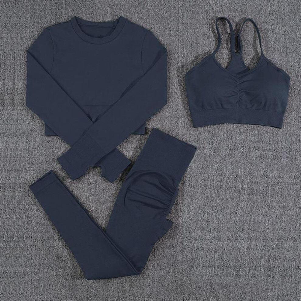 (blue, M) 3 Piece Yoga Women Set Seamless Long Sleeved Crop Top Bras Set Fitness Skinny Elastic Push Up Leggings Yoga Set