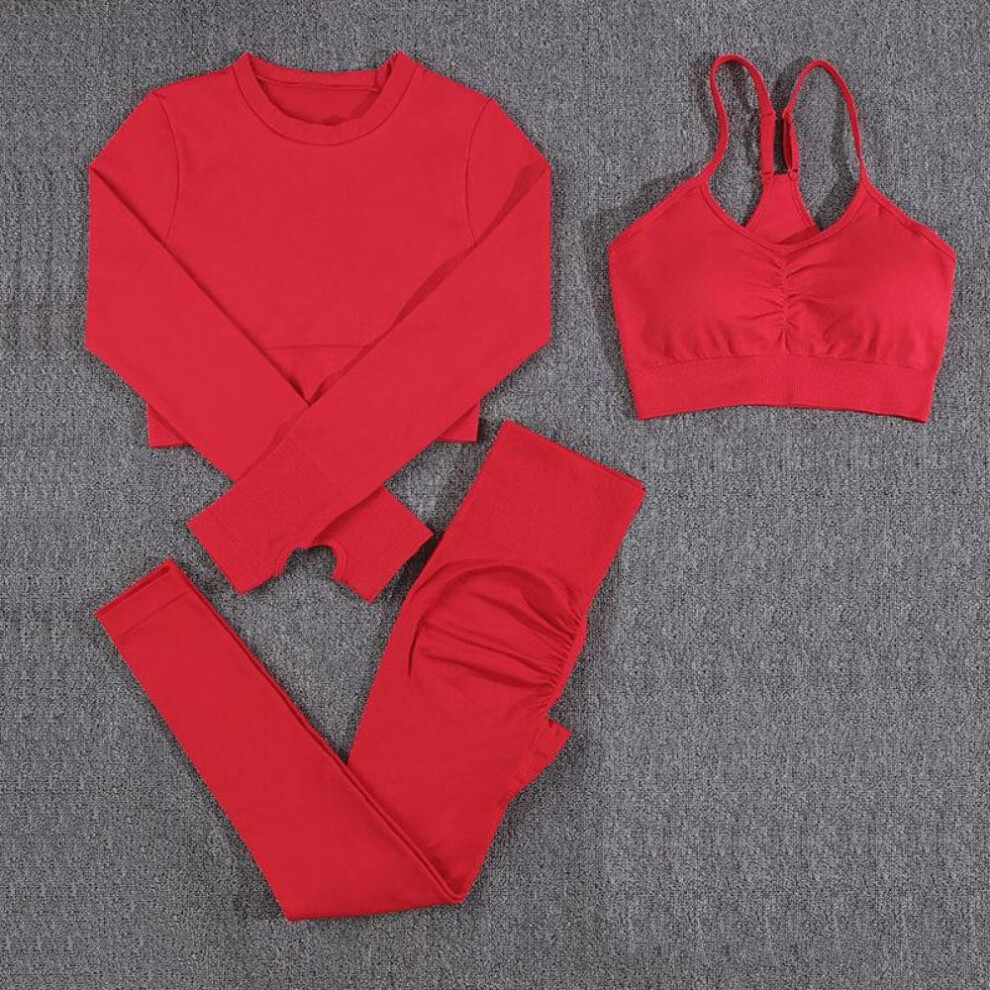 (red, M) 3 Piece Yoga Women Set Seamless Long Sleeved Crop Top Bras Set Fitness Skinny Elastic Push Up Leggings Yoga Set