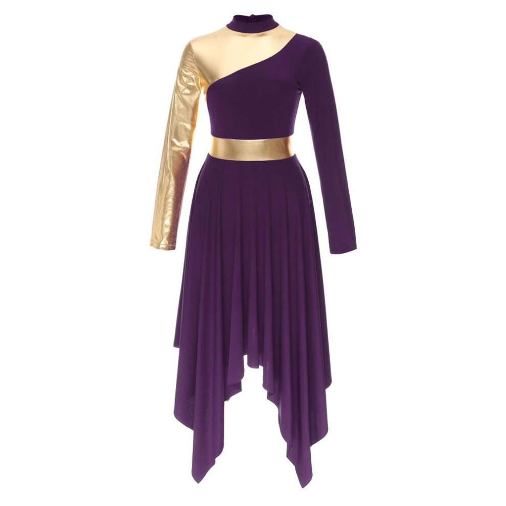 (dark purple, S) Women Slim Waist Party Gown Praise Liturgical Lyrical Dance Dress High Low Worship Costume Metallic Color Block Dress