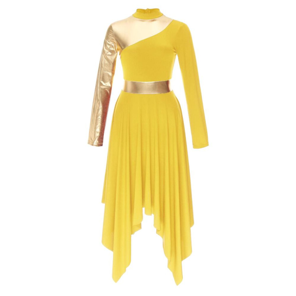 (yellow, XL) Women Slim Waist Party Gown Praise Liturgical Lyrical Dance Dress High Low Worship Costume Metallic Color Block Dress