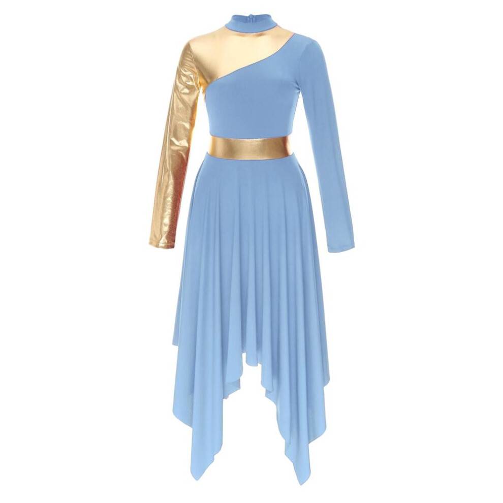 (light blue, XXL) Women Slim Waist Party Gown Praise Liturgical Lyrical Dance Dress High Low Worship Costume Metallic Color Block Dress