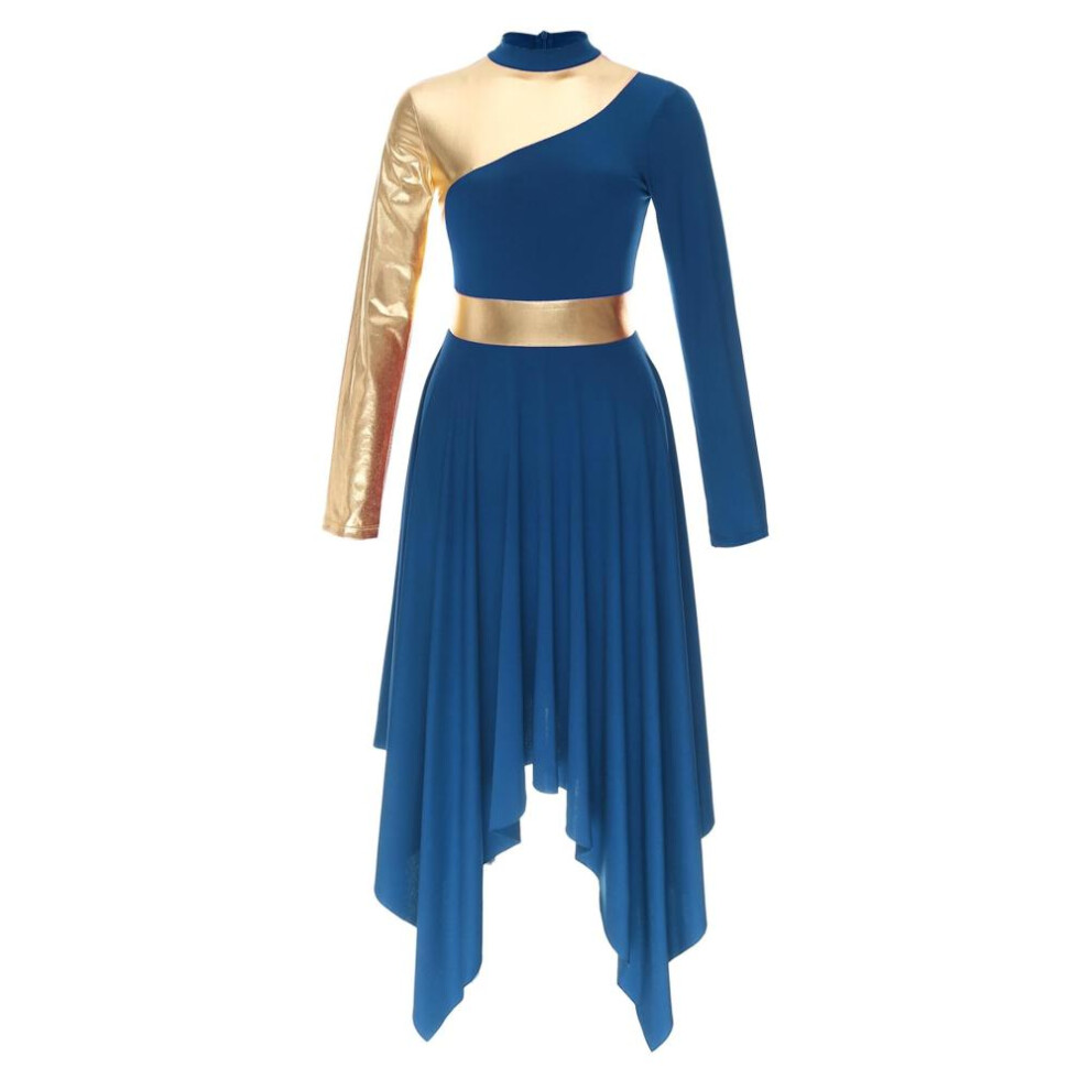 (blue, M) Women Slim Waist Party Gown Praise Liturgical Lyrical Dance Dress High Low Worship Costume Metallic Color Block Dress