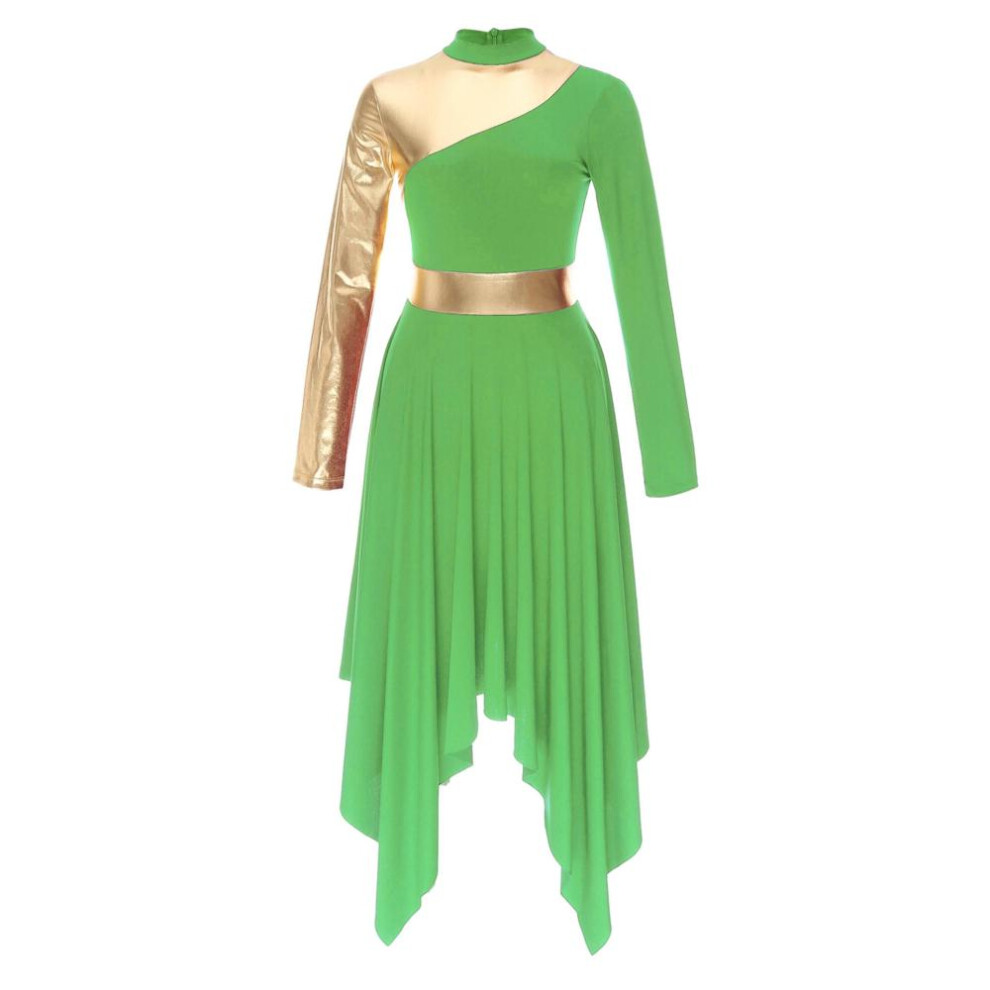 (light green, M) Women Slim Waist Party Gown Praise Liturgical Lyrical Dance Dress High Low Worship Costume Metallic Color Block Dress