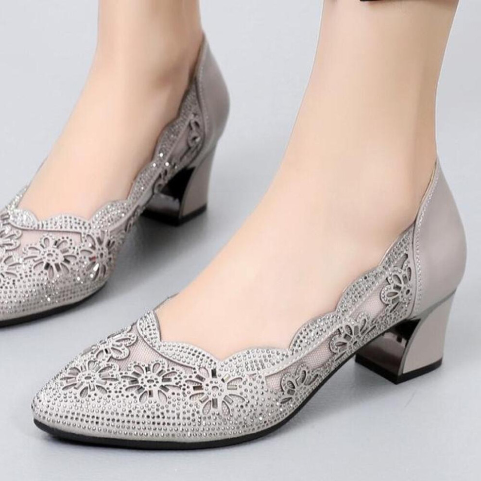 (grey, 36) 2022 Summer Fashion Hollow Out Genuine Leather Pumps Women Shoes Ladies Office Shoes