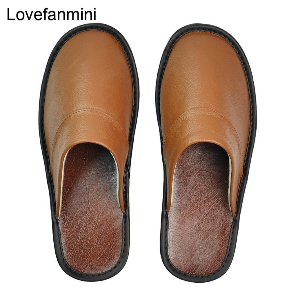 (coffee, 46-47) Cow Leather Slippers Men Big Sizes Linen Home Male Indoor House For Men&apos;s Slippers Women Man Slipper Luxury Soft Flat Shoes