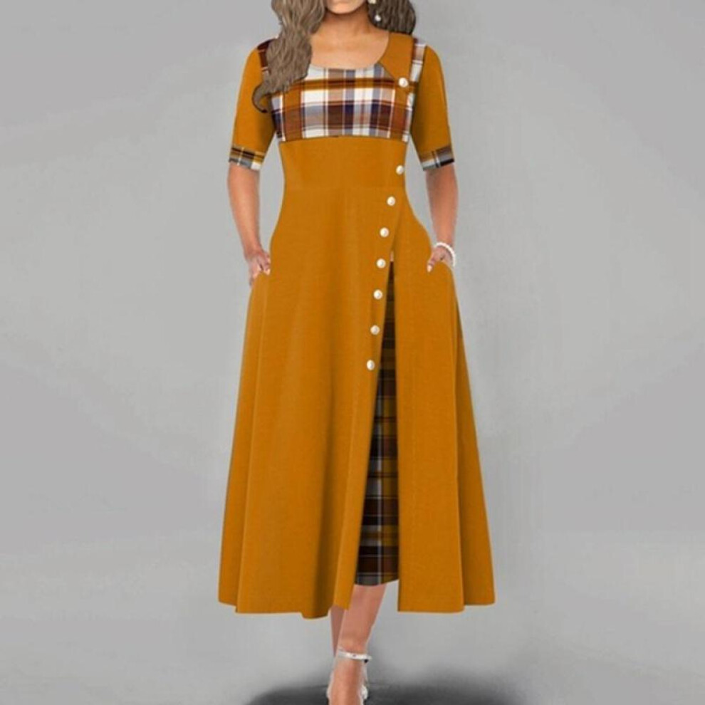 (yellow, M) Women Fashion Casual Irregular Plaid Print Button Maxi Half Sleeve Round Neck Plus Size Party Dress