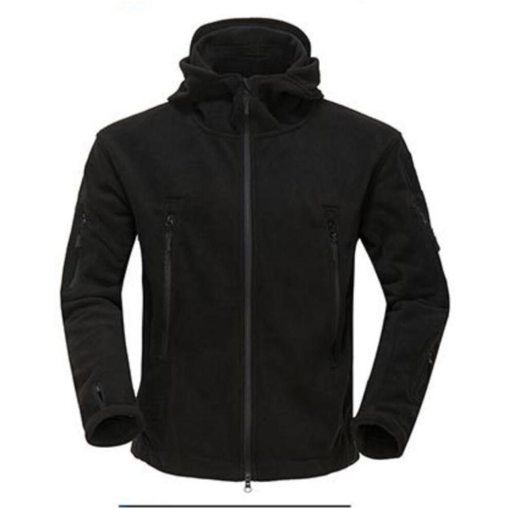 (black, XXXXL) Military Fleece Tactical Jacket Men Thermal Outdoors Warm Hooded Coat Softshell Hike Outerwear