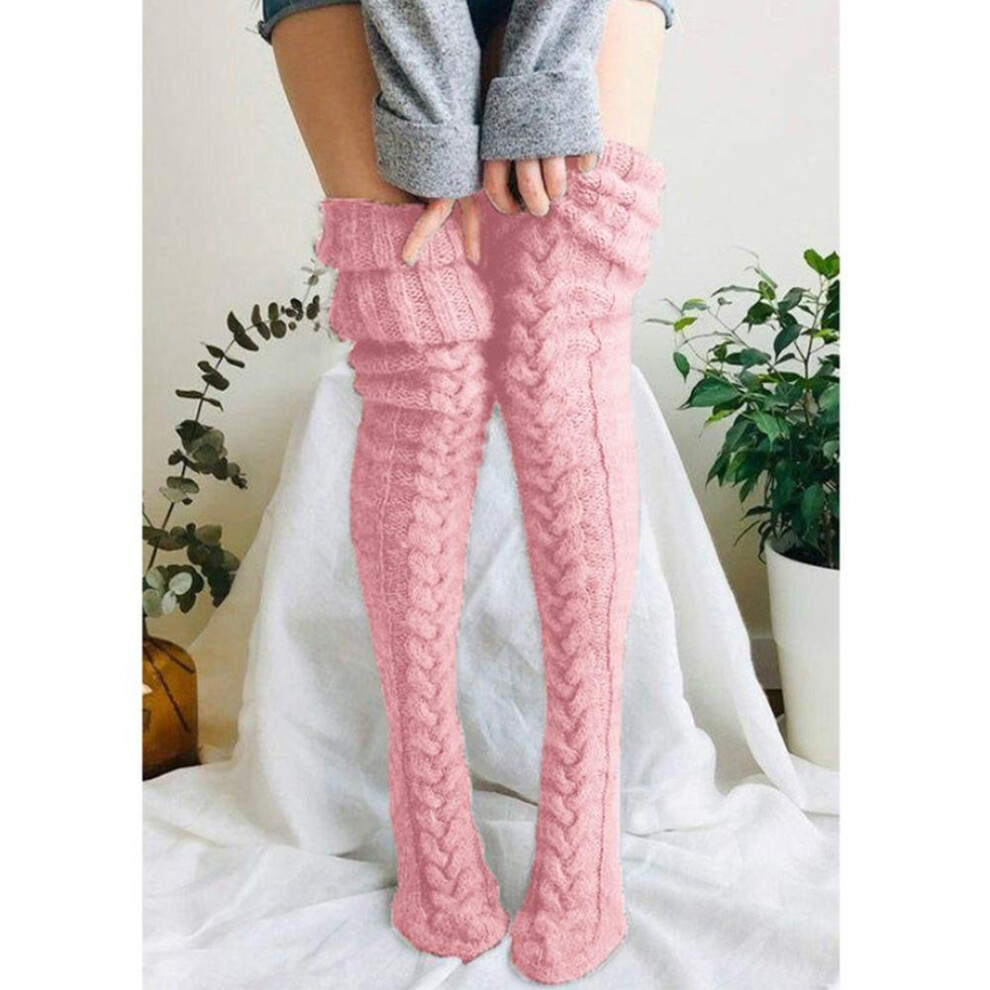 (pink, 105cm) Fashion Women Knit Cotton Over The Knee Long Socks Winter Warm Striped Kintted High Stocking Socks