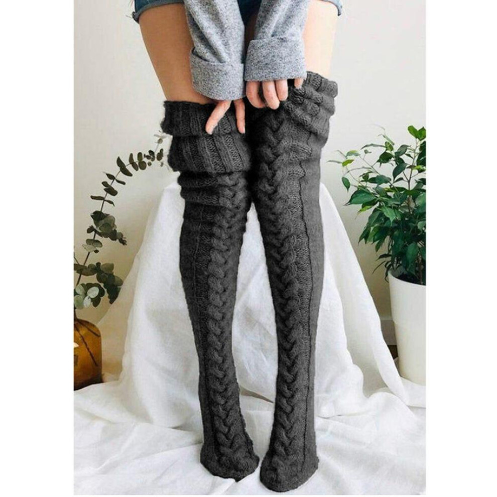 (grey, 105cm) Fashion Women Knit Cotton Over The Knee Long Socks Winter Warm Striped Kintted High Stocking Socks